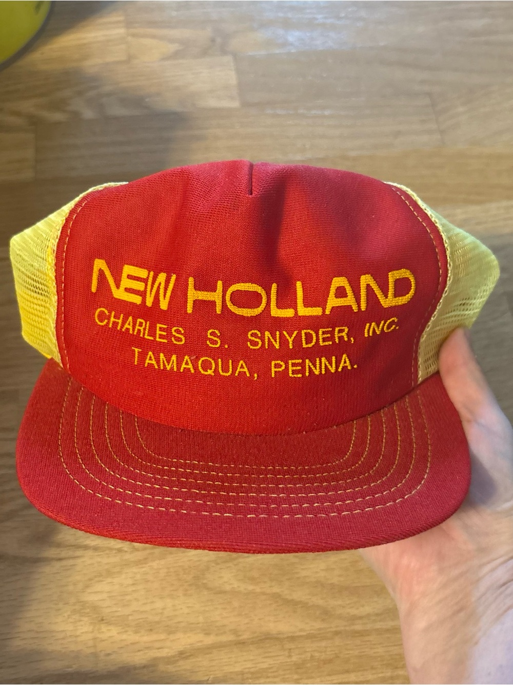 Vintage New Holland Tractor Mesh SnapBack Trucker Hat Red Yellow